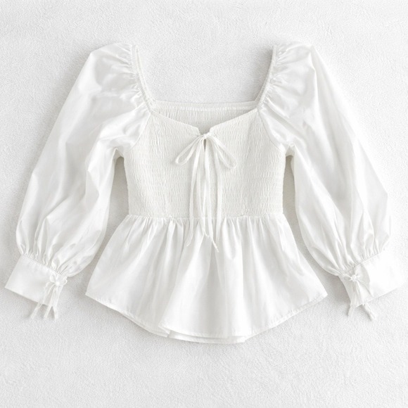 En Saison Tops - En Saison White Smocked Puff Sleeve Peplum Blouse Size S